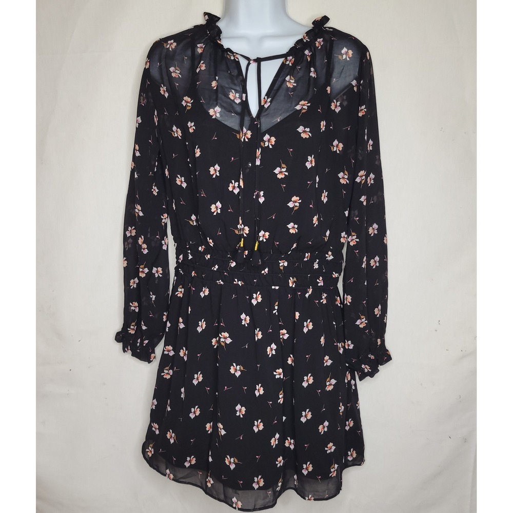 Socialite Womens Black Floral Chiffon Smocked Mini Dress